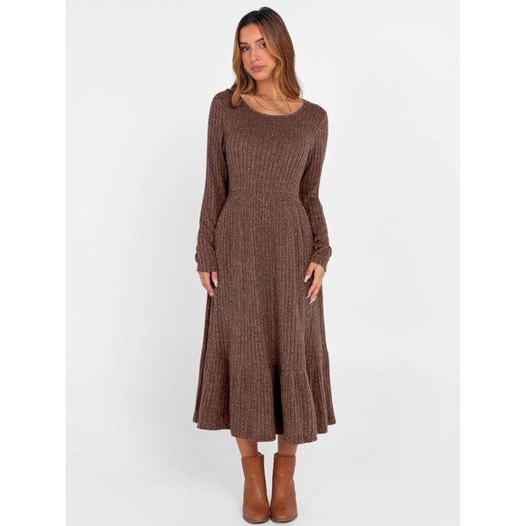 Womens Long Sleeve Midi Dress Rib Knit Crew Neck A Line Flowy Casual - Picture 6 of 7